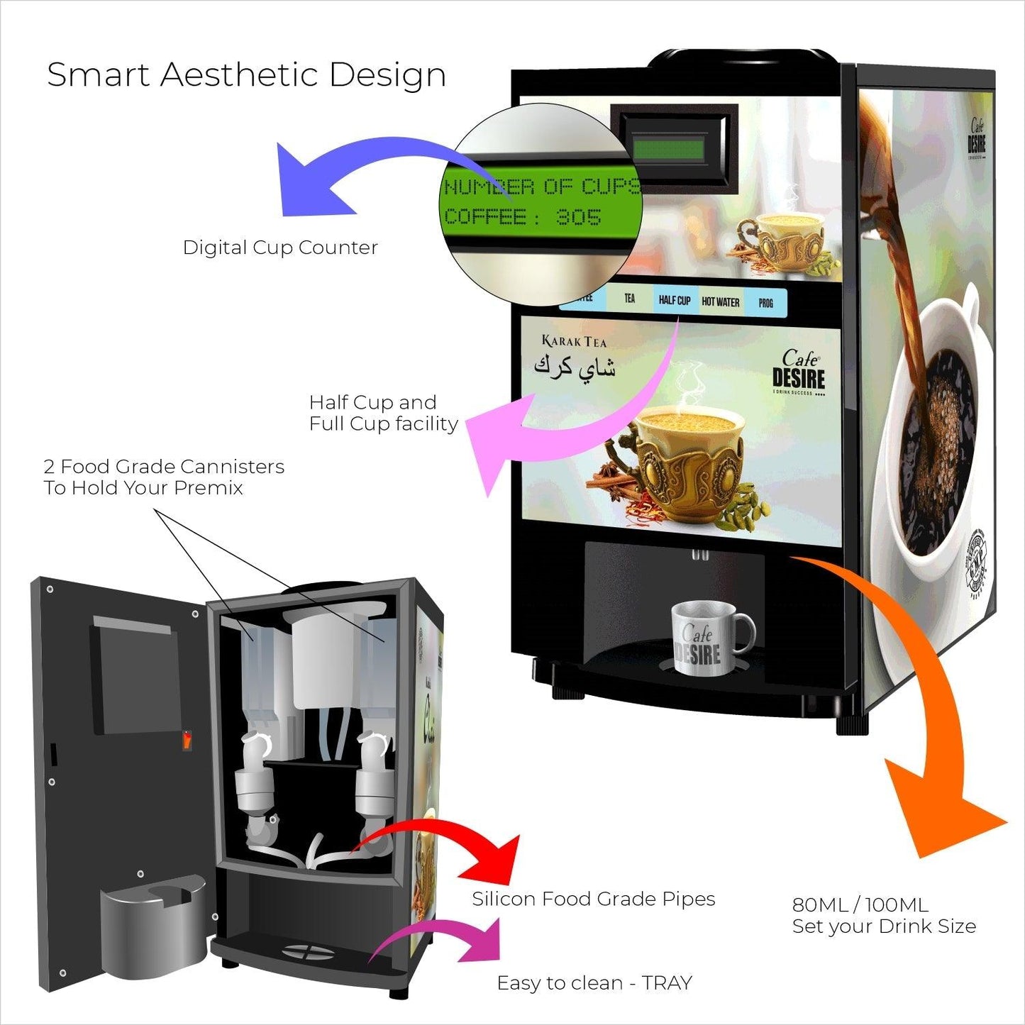 Coffee Machine 2 Lane | Two Beverage Options | Fully Automatic Tea & Coffee Vending Machine | For Offices, Shops and Smart Homes | Make 2 Varieties of Coffee Tea with Premix | No Milk, Tea, Coffee Powder Required - cd-usa.com